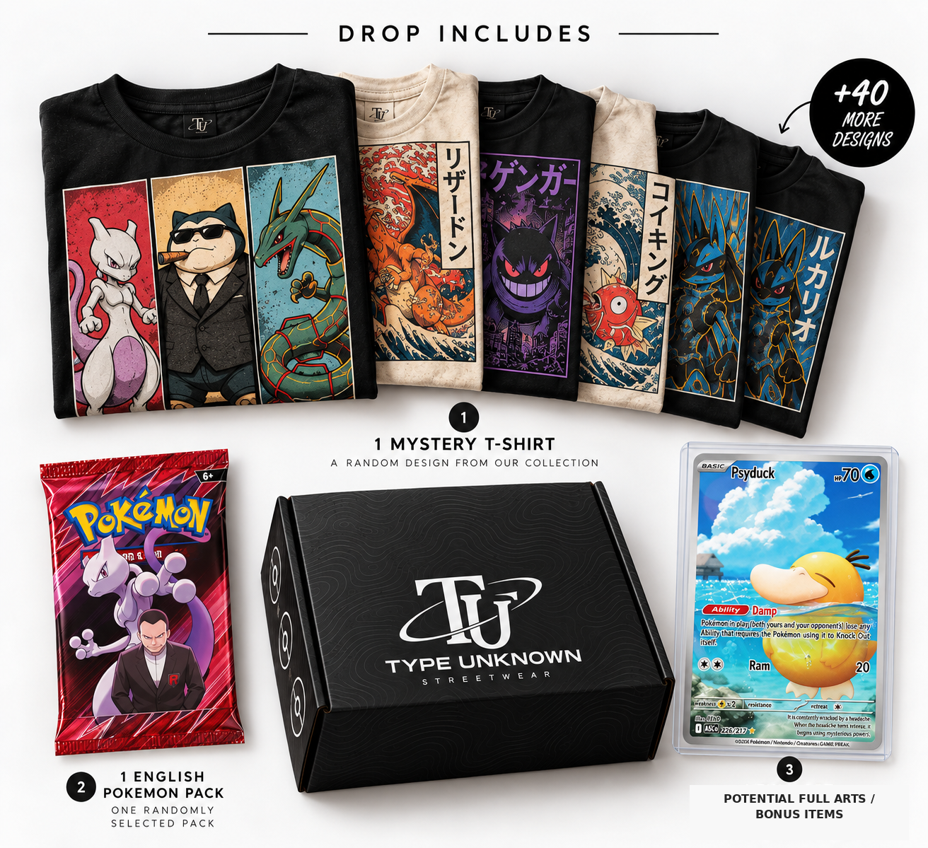Type Unknown drop includes poster — one mystery T-shirt, one English Pokémon pack, one full art bonus item, plus 40 more designs